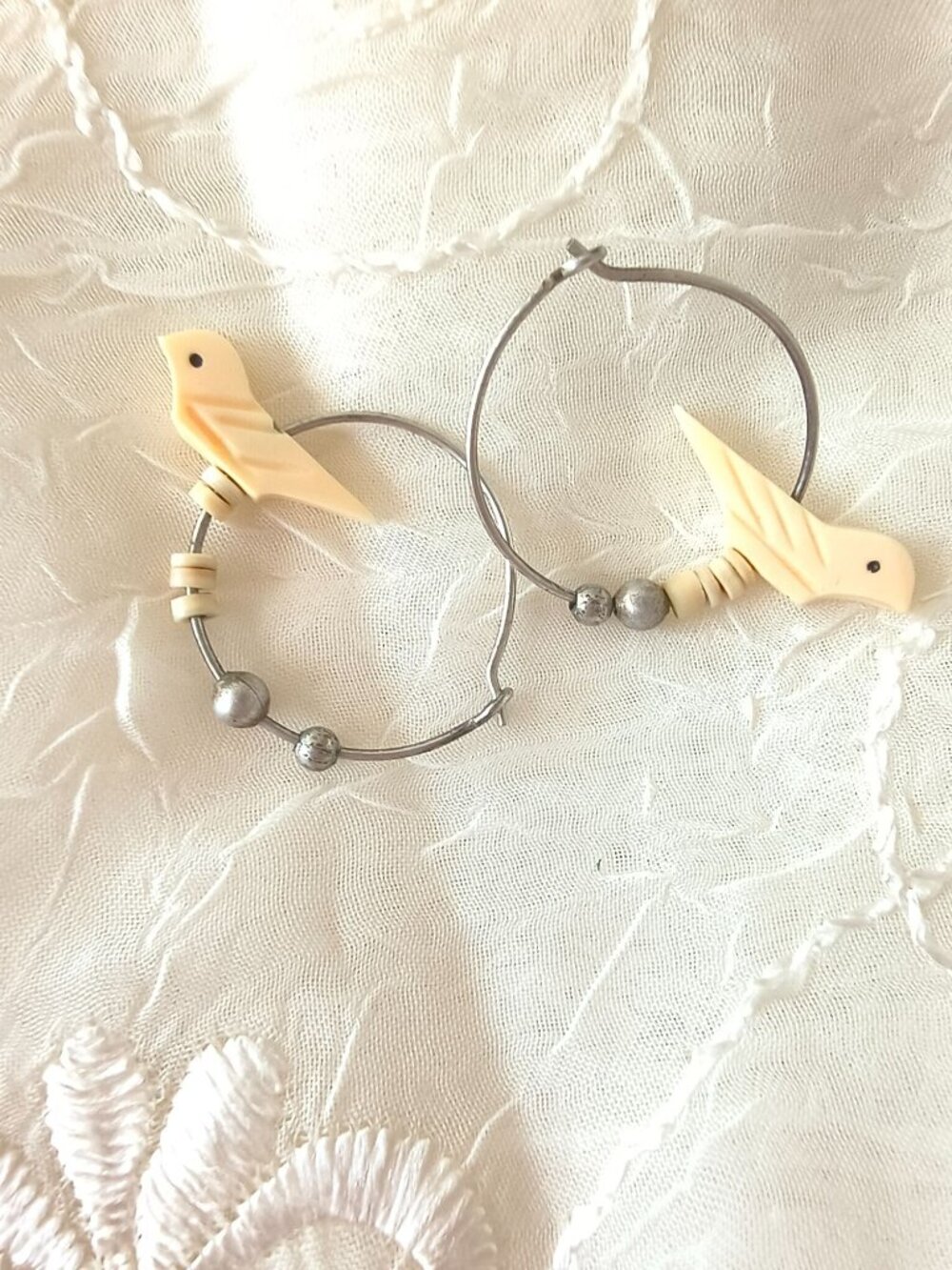 Hoop Bird Earrings With Sterling Navajo Pearls Handmade Southwest  1"